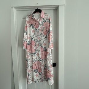 White Floral Button-Front Maxi Dress with Pink Roses